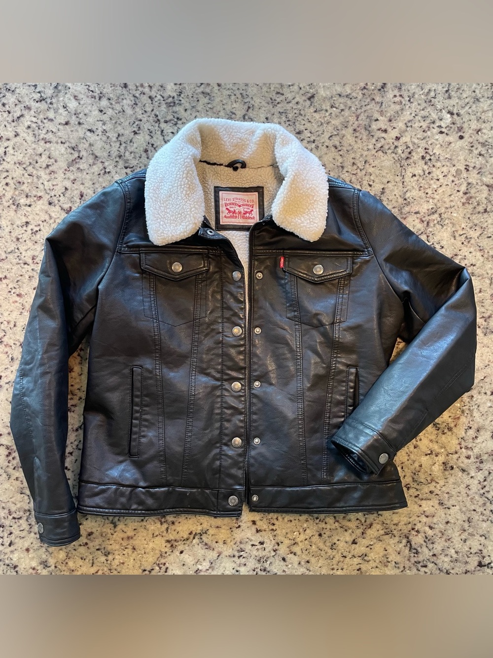 Levi's Black Faux Leather Sherpa lined bomber jacket L